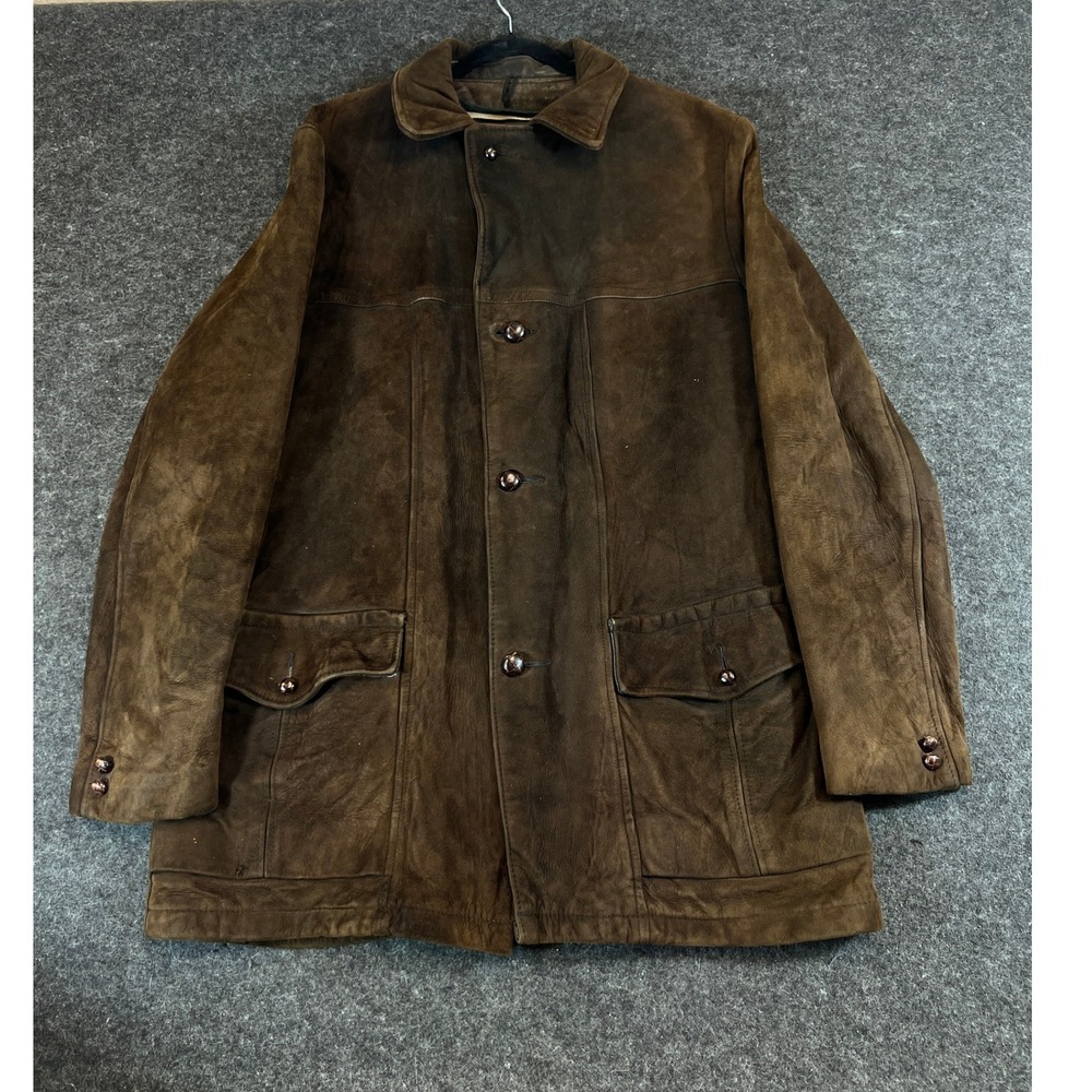 Vintage 70s Brown Suede Leather Car Coat Jacket DuPont Quilon Mens 2XL Retro